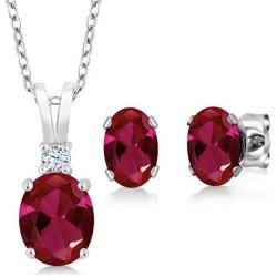 Gem Stone King 925 Sterling Silver Red Created Ruby Pendant Earrings Set 3.48 Ct Oval with 18 Inch Silver Chain