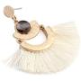 RIAH FASHION Bohemian Lightweight Silky Thread Fan Tassel Statement Drop Earrings - Embellished Fringe Dangles Filigree Chandelier Duster, Printed Wood, Cork