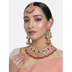 Aheli Brdal Kundan Faux Pearl Choker Necklace with Earrings Maang Tikka for Women Girls Indian Traditional Jewelry Set