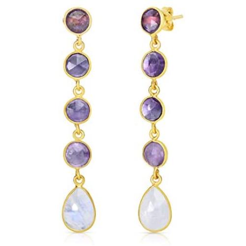 Femme Luxe Bianca Drop Earrings For Women - 14k Gold Dipped 925 Sterling Silver with Natural Amethyst and Moonstone Gemstone Earrings | Hypoallergenic | Handmade Design