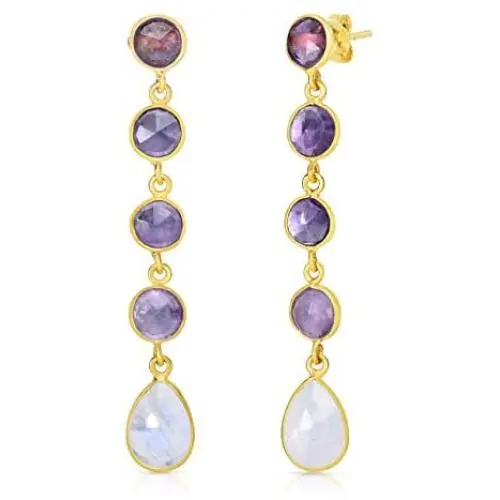Femme Luxe Bianca Drop Earrings For Women - 14k Gold Dipped 925 Sterling Silver with Natural Amethyst and Moonstone Gemstone Earrings | Hypoallergenic | Handmade Design Femme Luxe Bianca Drop Earrings For Women - 14k Gold Dipped 925 Sterling Silver with Natural Amethyst and Moonstone Gemstone Earrings | Hypoallergenic | Handmade Design