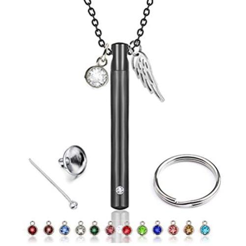 Beulous Urn Necklaces for Ashes 12 Birthstone Necklaces for Women Men Stainless Steel Cremation Jewelry for Ashes Angle Wings Pendant Necklace with Key Ring