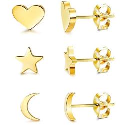 LOYALLOOK 3 Pairs 925 Sterling Silver Stud Earrings Tiny Moon Star Heart Plain Silver Stud Earrings Set for Women