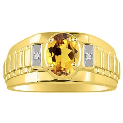 RYLOS Mens Rings Yellow Gold Plated Silver Rings Classic Designer Style 8X6MM Oval Gemstone & Genuine Diamond Ring Color Stone Birthstone Rings For Men Mens Rings, Silver Rings, Size 8,9,10,11,12,13