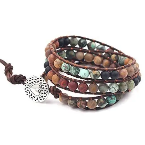 Handmade Bohemian Natural Stones Bracelet - Leather Bracelet with Chakra and Beads Wrapped for Women and Girls Handmade Bohemian Natural Stones Bracelet - Leather Bracelet with Chakra and Beads Wrapped for Women and Girls