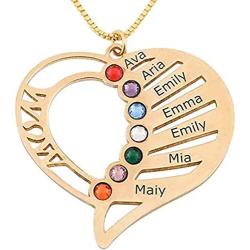 WENSDIA Engraved Mom Heart Necklace with Birthstones Personalized Heart Pendant- Sterling Silver Women Jewelry Gift