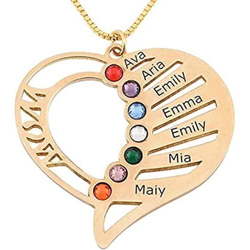 WENSDIA Engraved Mom Heart Necklace with Birthstones Personalized Heart Pendant- Sterling Silver Women Jewelry Gift