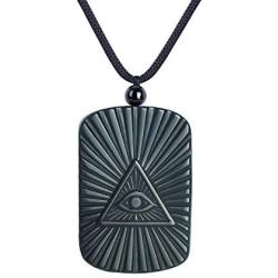 HASKARE Natural Energy Stone Pendant Engraved Black Obsidian Healing Necklace Adjustable Size 27.5inch