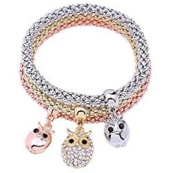 MEIDIJINGBEI 3PCS Gold/Silver/Rose Gold Corn Chain Crystal Charms Multilayer Bracelets for Women