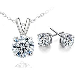 Kebaner 925 Sterling Silver Plated Austrian Crystal CZ Necklace Stud Earrings Cubic Zirconia Jewelry Set