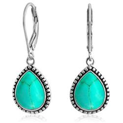 Boho Bali Style Milgrain Setting Semi Precious Gemstones Pear Shaped Teardrop Leverback Dangle Drop Earrings For Women Teen Oxidized 925 Sterling Silver