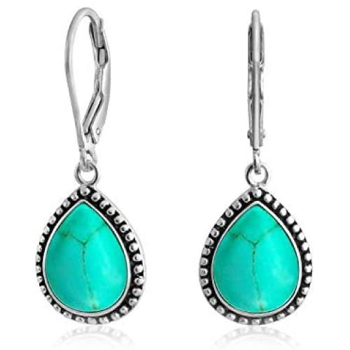 Boho Bali Style Milgrain Setting Semi Precious Gemstones Pear Shaped Teardrop Leverback Dangle Drop Earrings For Women Teen Oxidized 925 Sterling Silver