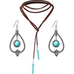 Bohemian Turquoise Pendant Long Choker Suede Choker Necklace with Vintage Turquoise Statement Dangle Earrings for Women