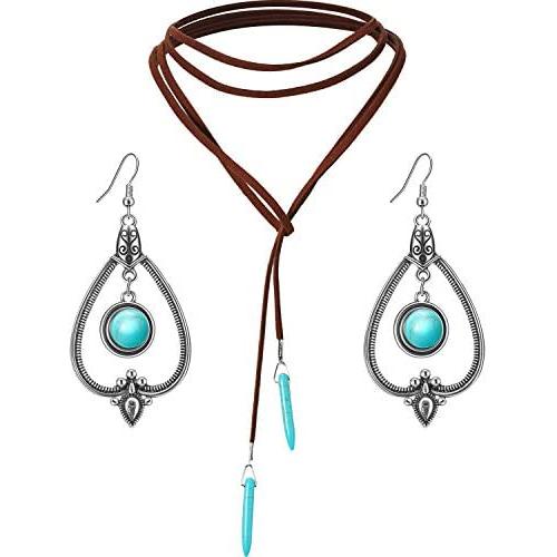 Bohemian Turquoise Pendant Long Choker Suede Choker Necklace with Vintage Turquoise Statement Dangle Earrings for Women