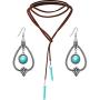 Bohemian Turquoise Pendant Long Choker Suede Choker Necklace with Vintage Turquoise Statement Dangle Earrings for Women