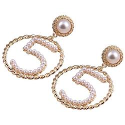 Women Jewelry Lucky Number Five Big Waves Circle Earrings with Pearl