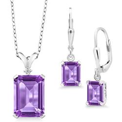 Gem Stone King 925 Sterling Silver Purple Amethyst Pendant Earrings Set For Women (9.27 Ct Emerald Cut with 18 Inch Chain)