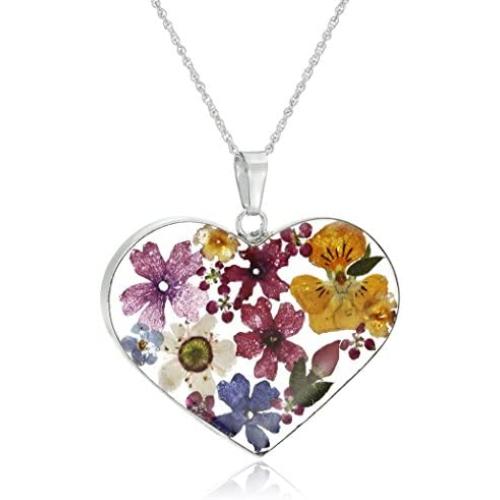 Sterling Silver Pressed Flower Heart Pendant Necklace
