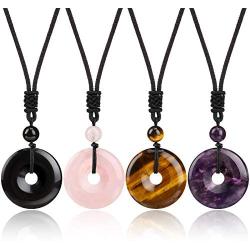 4 Pieces Circle Donut Healing Crystals Necklace 30 mm Donut Stone Pendant Necklace Amulet Lucky Charm Agate Donut Pendant Necklace Donut Healing Crystals Adjustable Braided Rope Necklace for Men Women