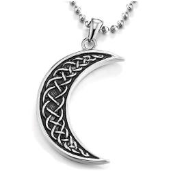 COOLSTEELANDBEYOND Tribal, Mens Womens Steel Vintage Crescent Moon Pendant Necklace with Braided Knot, Silver Black