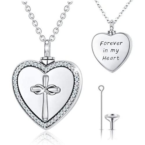 Urn Necklace, 925 Sterling Silver Cross with Infinity in Heart, Cremation Jewelry for Ashes, Forever in My Heart Human Pet Ashes Keepsake for Women, Urn Jewelry Mother Day Gift for Women with Gift Box