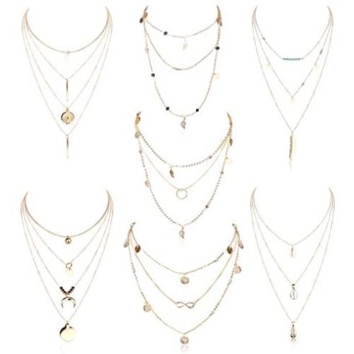 ORAZIO Layered Necklace for Women Star Ball Horn Infinity Leaf Bead Feather Shell Circle Bar Coin Pendant Necklace Chain Jewelry