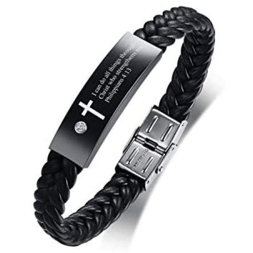 MPRAINBOW Christian Gifts for Men Women,Inspirational Religious Bracelets-Cross Jesus God Scripture Bracelet,Bible Verse Personalized Mantra Quotes Engraved Jewelry Braided Leather Cuff Bracelet