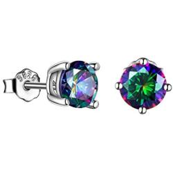 Rainbow Color Mystic Topaz Stud Earrings Solitaire Round Triangle Fire Mystic Earrings 925 Sterling Silver Stud Post Earrings Jewelry for Valentine Day Birthday Anniversary