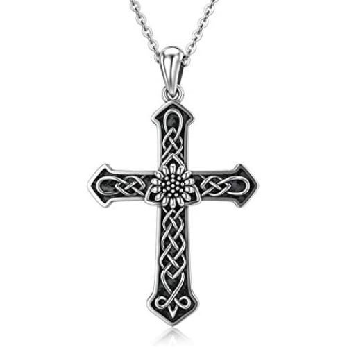 RMREWY Celtic Knot Cross Necklace 925 Sterling Silver Oxidation Sunflower Cross Religious Irish Celtic Jewelry for Women