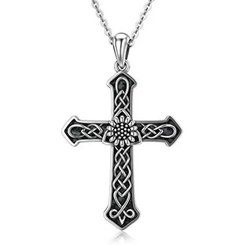 RMREWY Celtic Knot Cross Necklace 925 Sterling Silver Oxidation Sunflower Cross Religious Irish Celtic Jewelry for Women RMREWY Celtic Knot Cross Necklace 925 Sterling Silver Oxidation Sunflower Cross Religious Irish Celtic Jewelry for Women