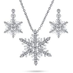 Holiday Party Frozen Winter Christmas Crystal White Snowflake Pendant Necklace Earring Jewelry Set for Women for Teen Silver Plated