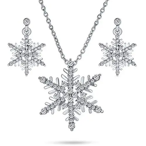 Holiday Party Frozen Winter Christmas Crystal White Snowflake Pendant Necklace Earring Jewelry Set for Women for Teen Silver Plated