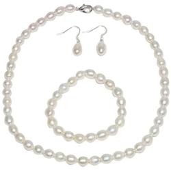 Gem Stone King Rhodium Plated 3pc Cultured Freshwater White Pearl Necklace Bracelet Earring Set