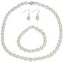 Gem Stone King Rhodium Plated 3pc Cultured Freshwater White Pearl Necklace Bracelet Earring Set