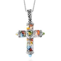 Shop LC Delivering Joy Multi Color Murano Millefiori Glass Black Oxidized Stainless Steel Holy Prayer Religious Fashion Love Cross Chain Pendant Necklace for Women 20'' Easter Gifts