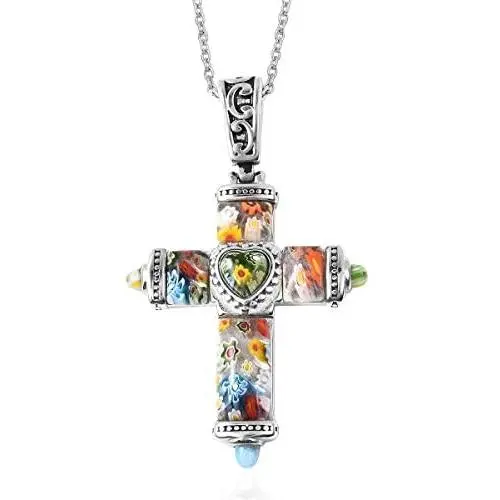 Shop LC Delivering Joy Multi Color Murano Millefiori Glass Black Oxidized Stainless Steel Holy Prayer Religious Fashion Love Cross Chain Pendant Necklace for Women 20'' Easter Gifts