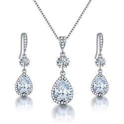 AMYJANE Elegant Jewelry Set for Women - Silver Teardrop Clear Cubic Zirconia Crystal Rhinestone Drop Earrings and Necklace Bridal Jewelry Sets Best Gift for Bridesmaids