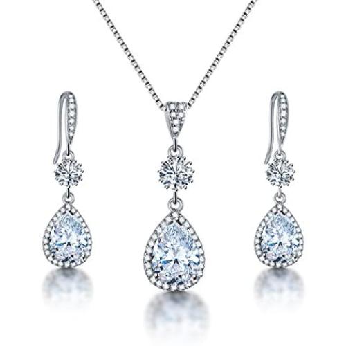 AMYJANE Elegant Jewelry Set for Women - Silver Teardrop Clear Cubic Zirconia Crystal Rhinestone Drop Earrings and Necklace Bridal Jewelry Sets Best Gift for Bridesmaids