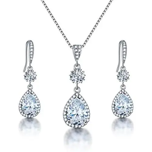 AMYJANE Elegant Jewelry Set for Women - Silver Teardrop Clear Cubic Zirconia Crystal Rhinestone Drop Earrings and Necklace Bridal Jewelry Sets Best Gift for Bridesmaids AMYJANE Elegant Jewelry Set for Women - Silver Teardrop Clear Cubic Zirconia Crystal Rhinestone Drop Earrings and Necklace Bridal Jewelry Sets Best Gift for Bridesmaids