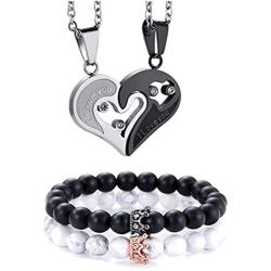 4Pcs Couple Necklace Bracelets Matching Set for Women Men Love Heart Pendant Necklace His & Hers Bracelets Couple Best Gift