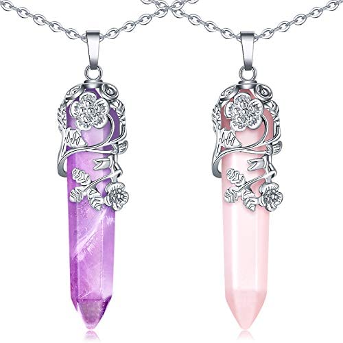 Hexagonal Healing Crystal Necklace Natural Prism Stone Pendant Flower Wrapped Pointed Quartz Yoga Energy with Chain