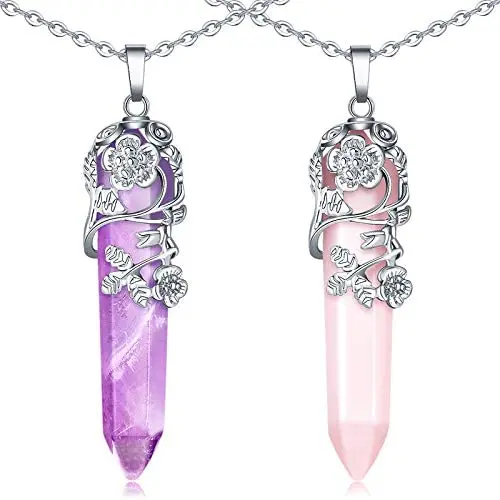 Hexagonal Healing Crystal Necklace Natural Prism Stone Pendant Flower Wrapped Pointed Quartz Yoga Energy with Chain Hexagonal Healing Crystal Necklace Natural Prism Stone Pendant Flower Wrapped Pointed Quartz Yoga Energy with Chain