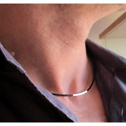 Leather Cord Necklace for Men, Mens Choker Necklace - Unisex Silver Tube Necklace - Mens Jewelry - Mens Necklace - Black Leather Choker for Him
