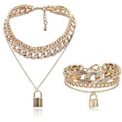 COLORFUL BLING Shiny Hip Hop Rhinestone Cuban Link Chain Lock Pendant Necklace with Bracelet Set Punk Cubic Zircon Layered Choker Necklace for Women Unisex Jewelry