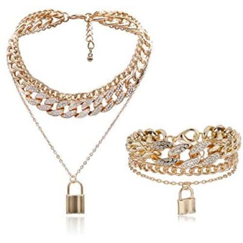 COLORFUL BLING Shiny Hip Hop Rhinestone Cuban Link Chain Lock Pendant Necklace with Bracelet Set Punk Cubic Zircon Layered Choker Necklace for Women Unisex Jewelry