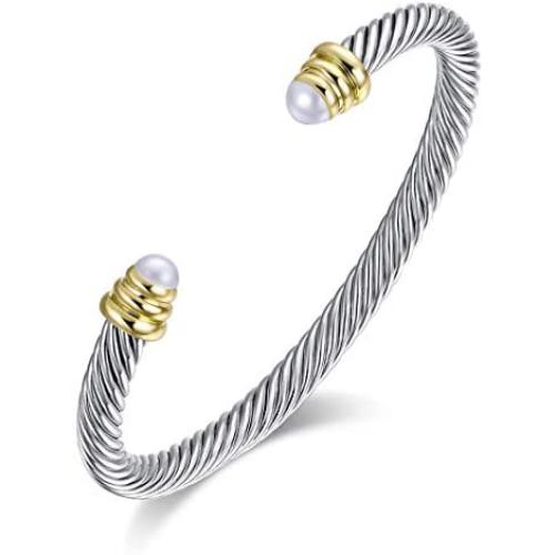 Designer Inspired Vintage Cable Bracelet Composite Shell Pearl Cuff Bracelet
