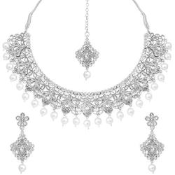 Aheli Matte Finish Traditional Indian Necklace Earrings Maang Tikka Set Wedding Party Bollywood Fashion Jewelry for Women