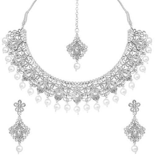 Aheli Matte Finish Traditional Indian Necklace Earrings Maang Tikka Set Wedding Party Bollywood Fashion Jewelry for Women