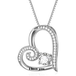 AOBOCO Engraved''I love you'' Sterling Silver Heart Pendant Necklace Embellished with Crystals from Austria, Fine Anniversary Birthday Christmas Jewelry Gifts for Women