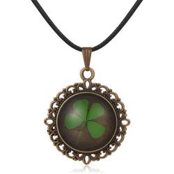 FM FM42 Vintage Style Real Irish Lucky Four Leaf Clover Round Pendant Necklace FN4082